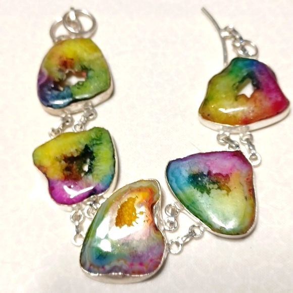 Solar agate bracelet silver rainbow colorful druzy crystal golden yellow purple - Picture 2 of 5